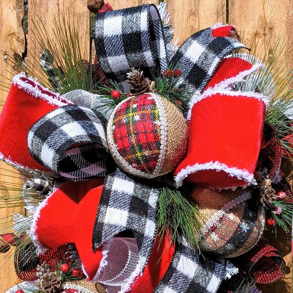Christmas Wreath, Buffalo Check Burlap Wreath, Buffalo plaid Wreath, Farmhouse - Picture 3 of 6